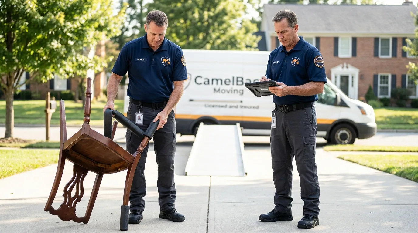 Movers inspecting furniture for damage prevention before loading in Rumney, NH
